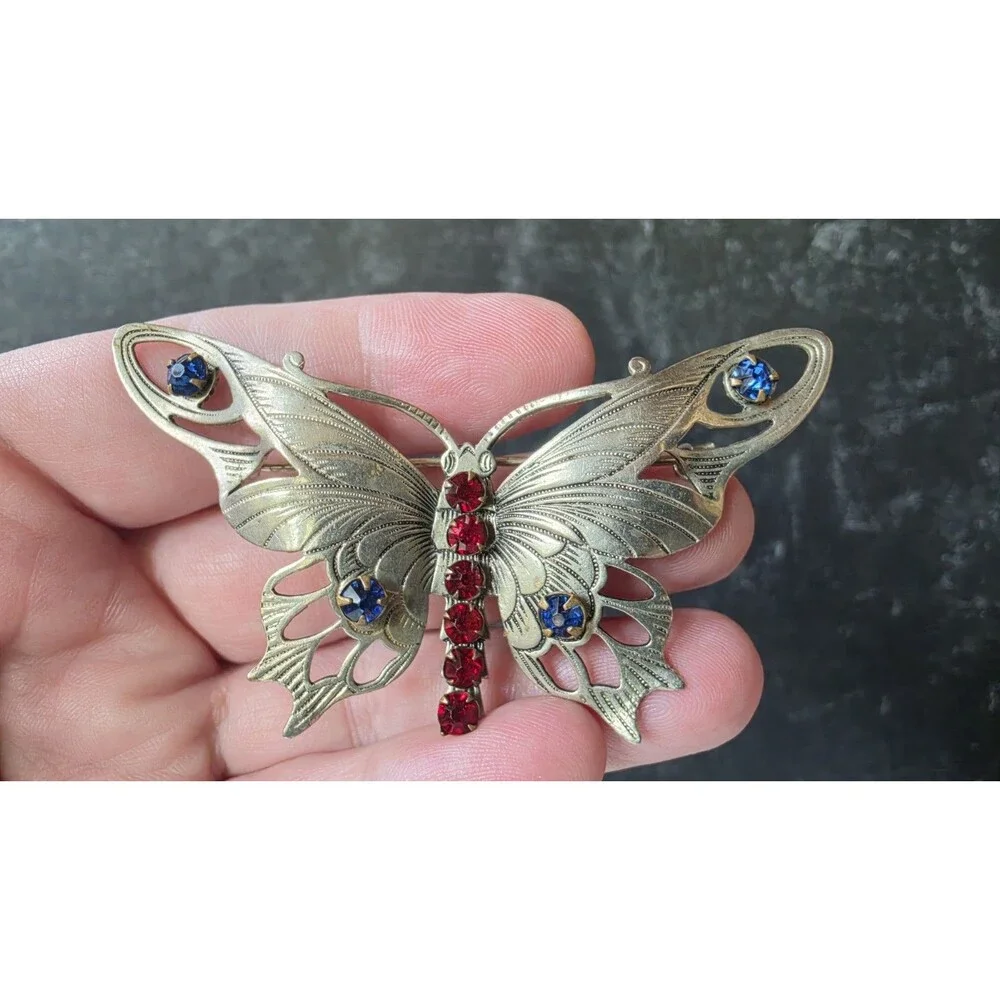 Rhinestone Silver Tone Metal Butterfly Brooch Vintage Costume Jewelry